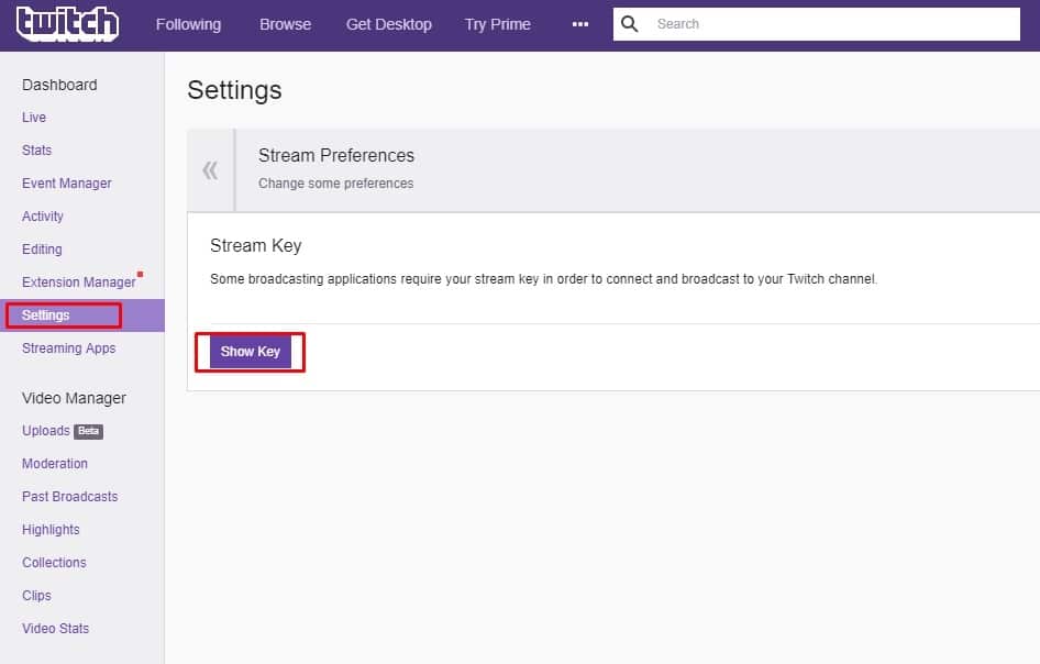 how to find twitch key